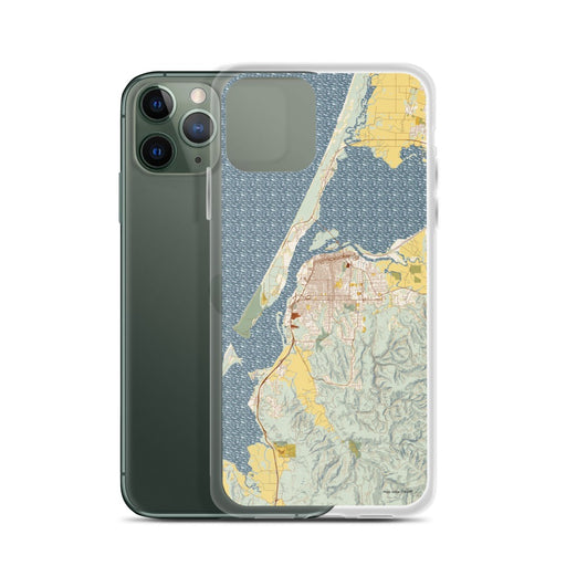 Custom Eureka California Map Phone Case in Woodblock on Table with Laptop and Plant
