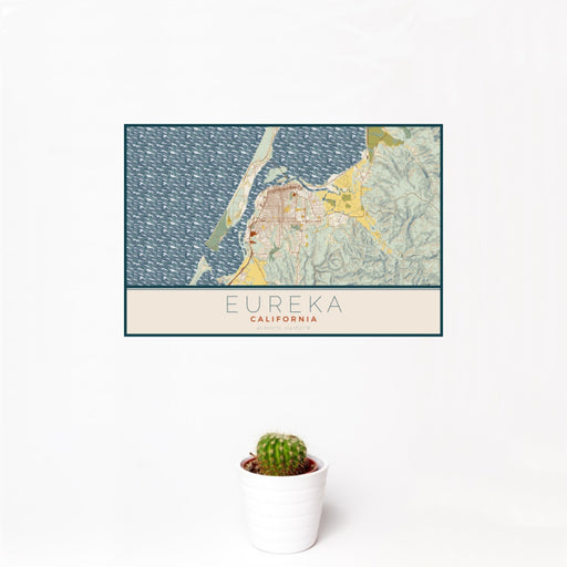 12x18 Eureka California Map Print Landscape Orientation in Woodblock Style With Small Cactus Plant in White Planter