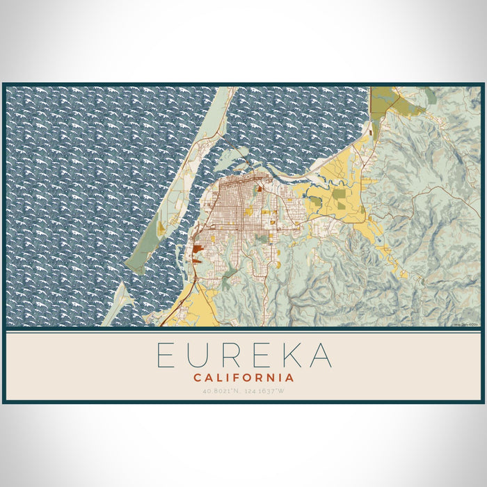 Eureka California Map Print Landscape Orientation in Woodblock Style With Shaded Background