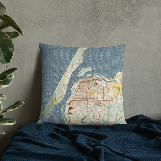Custom Eureka California Map Throw Pillow in Woodblock on Bedding Against Wall