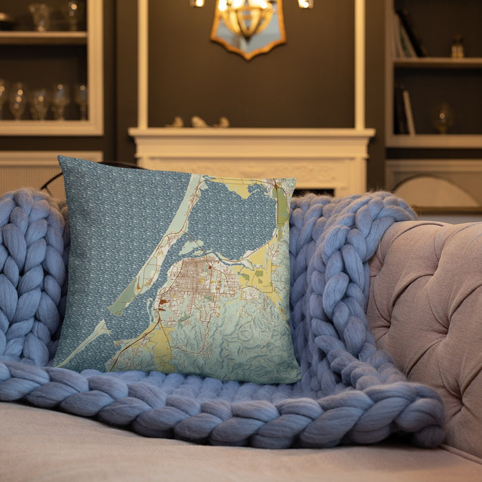Custom Eureka California Map Throw Pillow in Woodblock on Cream Colored Couch