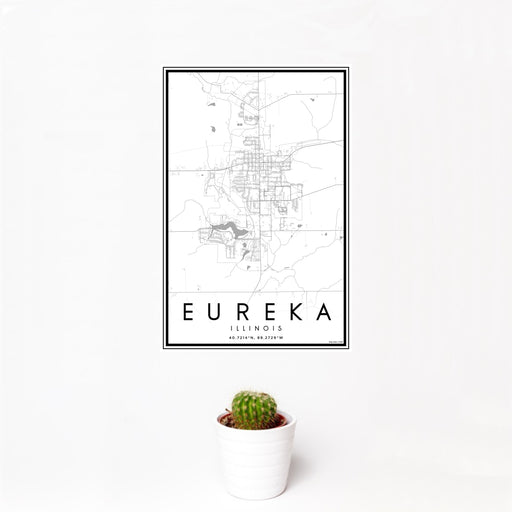 12x18 Eureka Illinois Map Print Portrait Orientation in Classic Style With Small Cactus Plant in White Planter