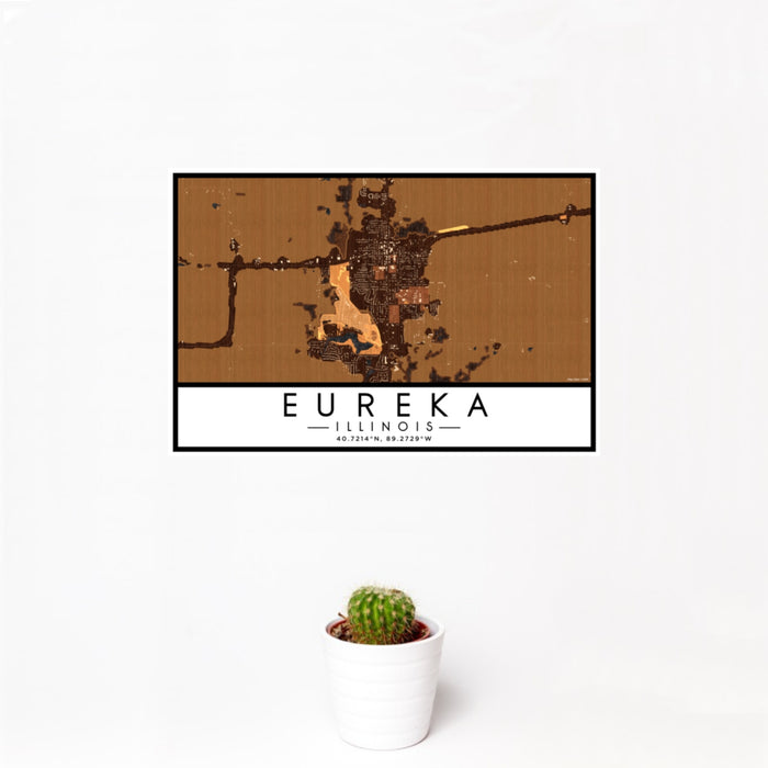 12x18 Eureka Illinois Map Print Landscape Orientation in Ember Style With Small Cactus Plant in White Planter
