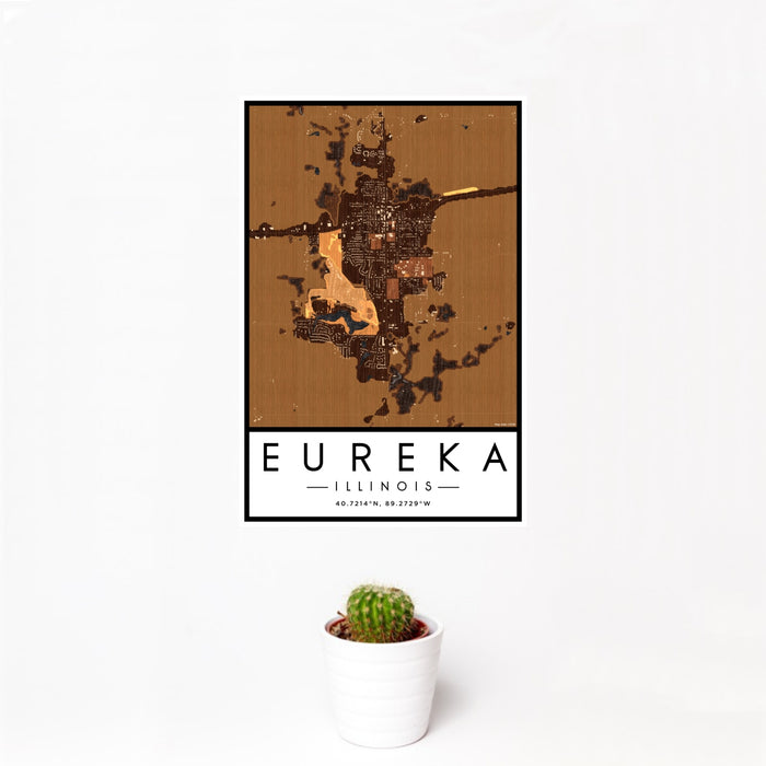 12x18 Eureka Illinois Map Print Portrait Orientation in Ember Style With Small Cactus Plant in White Planter