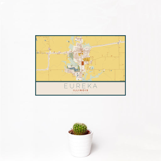 12x18 Eureka Illinois Map Print Landscape Orientation in Woodblock Style With Small Cactus Plant in White Planter