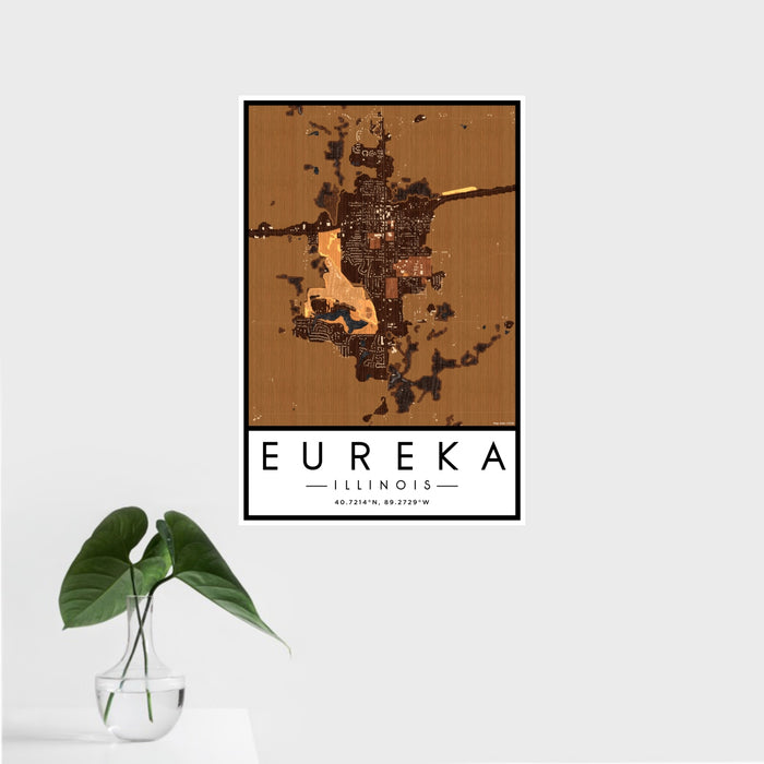 16x24 Eureka Illinois Map Print Portrait Orientation in Ember Style With Tropical Plant Leaves in Water