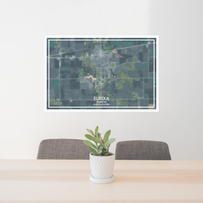 24x36 Eureka Illinois Map Print Lanscape Orientation in Afternoon Style Behind 2 Chairs Table and Potted Plant