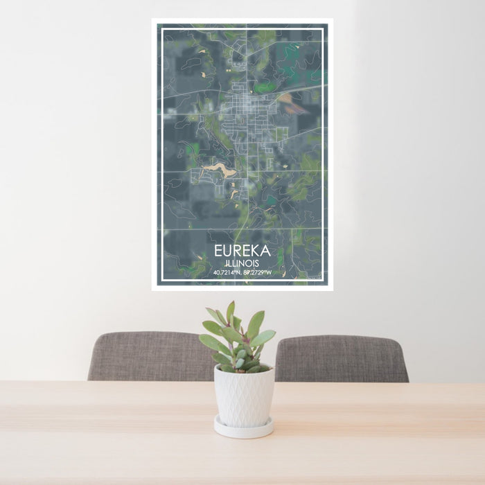 24x36 Eureka Illinois Map Print Portrait Orientation in Afternoon Style Behind 2 Chairs Table and Potted Plant