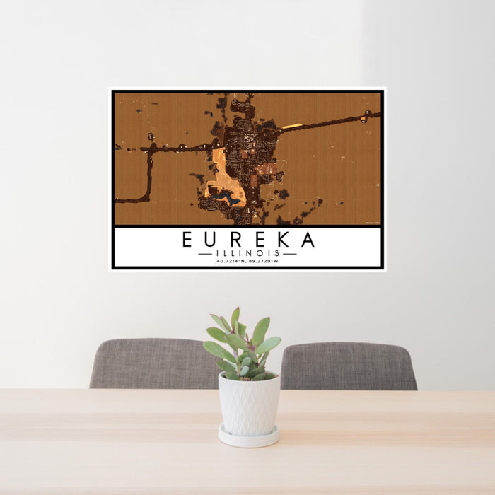 24x36 Eureka Illinois Map Print Lanscape Orientation in Ember Style Behind 2 Chairs Table and Potted Plant