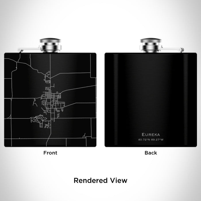 Rendered View of Eureka Illinois Map Engraving on 6oz Stainless Steel Flask in Black