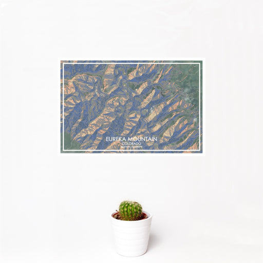 12x18 Eureka Mountain Colorado Map Print Landscape Orientation in Afternoon Style With Small Cactus Plant in White Planter