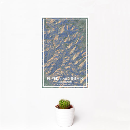 12x18 Eureka Mountain Colorado Map Print Portrait Orientation in Afternoon Style With Small Cactus Plant in White Planter
