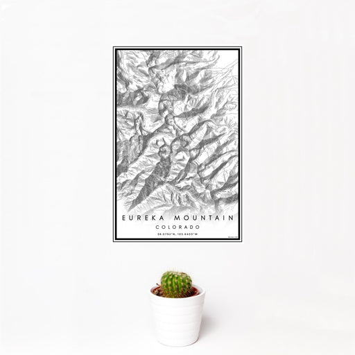 12x18 Eureka Mountain Colorado Map Print Portrait Orientation in Classic Style With Small Cactus Plant in White Planter
