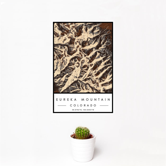 12x18 Eureka Mountain Colorado Map Print Portrait Orientation in Ember Style With Small Cactus Plant in White Planter