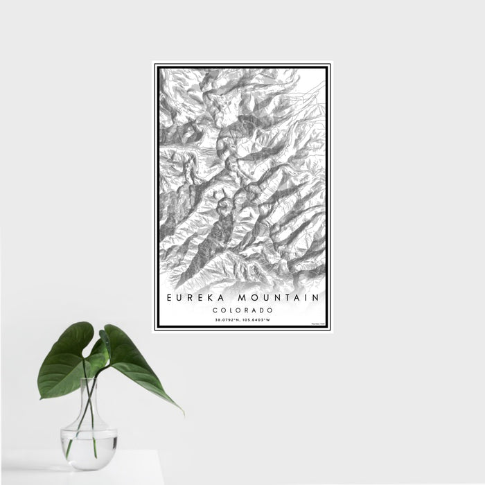16x24 Eureka Mountain Colorado Map Print Portrait Orientation in Classic Style With Tropical Plant Leaves in Water