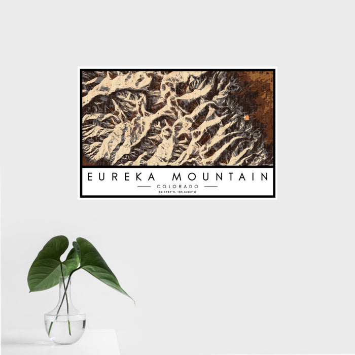 16x24 Eureka Mountain Colorado Map Print Landscape Orientation in Ember Style With Tropical Plant Leaves in Water