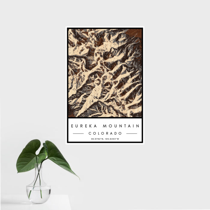 16x24 Eureka Mountain Colorado Map Print Portrait Orientation in Ember Style With Tropical Plant Leaves in Water