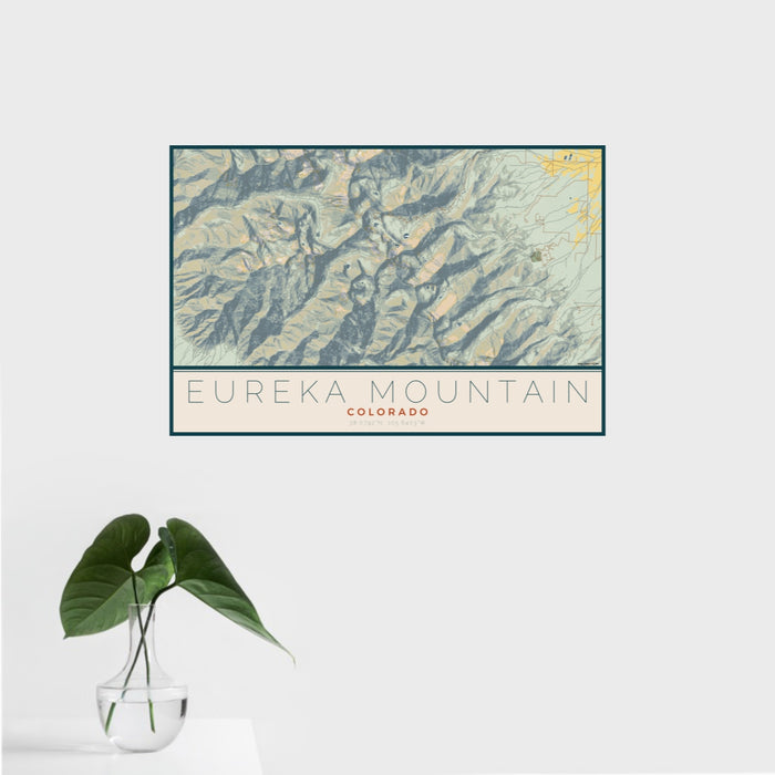 16x24 Eureka Mountain Colorado Map Print Landscape Orientation in Woodblock Style With Tropical Plant Leaves in Water