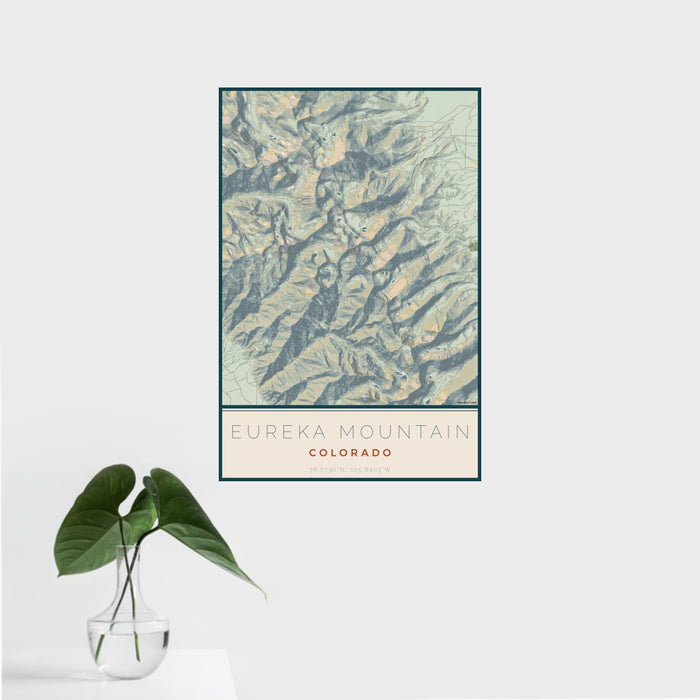 16x24 Eureka Mountain Colorado Map Print Portrait Orientation in Woodblock Style With Tropical Plant Leaves in Water