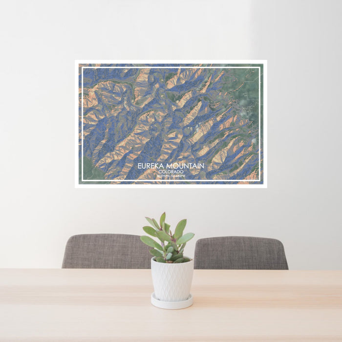 24x36 Eureka Mountain Colorado Map Print Lanscape Orientation in Afternoon Style Behind 2 Chairs Table and Potted Plant