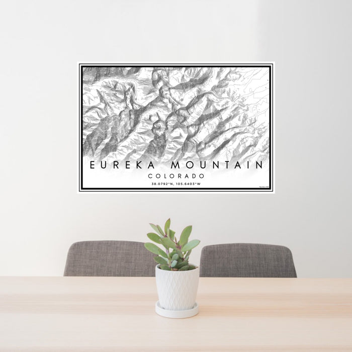 24x36 Eureka Mountain Colorado Map Print Lanscape Orientation in Classic Style Behind 2 Chairs Table and Potted Plant