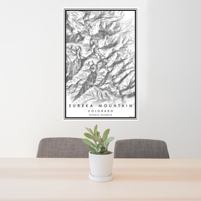 24x36 Eureka Mountain Colorado Map Print Portrait Orientation in Classic Style Behind 2 Chairs Table and Potted Plant