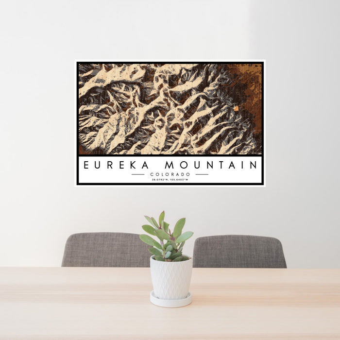 24x36 Eureka Mountain Colorado Map Print Lanscape Orientation in Ember Style Behind 2 Chairs Table and Potted Plant
