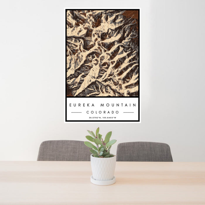 24x36 Eureka Mountain Colorado Map Print Portrait Orientation in Ember Style Behind 2 Chairs Table and Potted Plant
