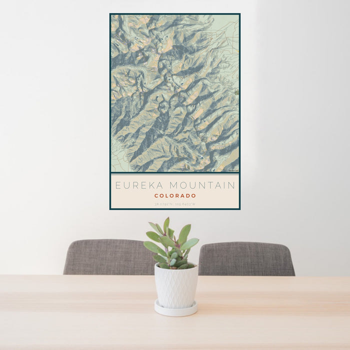 24x36 Eureka Mountain Colorado Map Print Portrait Orientation in Woodblock Style Behind 2 Chairs Table and Potted Plant