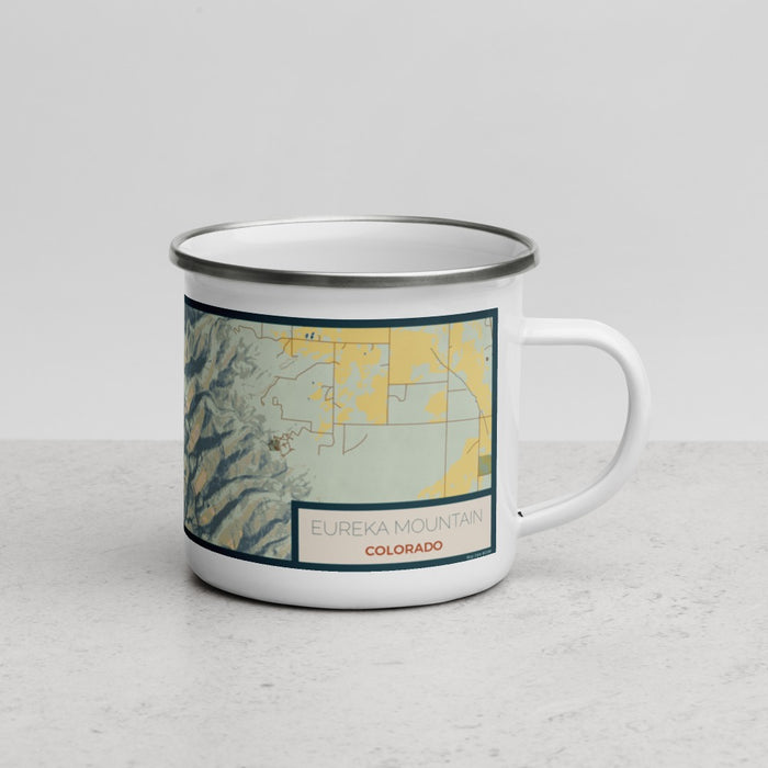 Right View Custom Eureka Mountain Colorado Map Enamel Mug in Woodblock