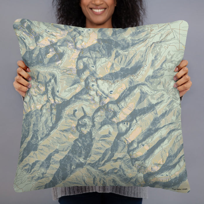 Person holding 22x22 Custom Eureka Mountain Colorado Map Throw Pillow in Woodblock