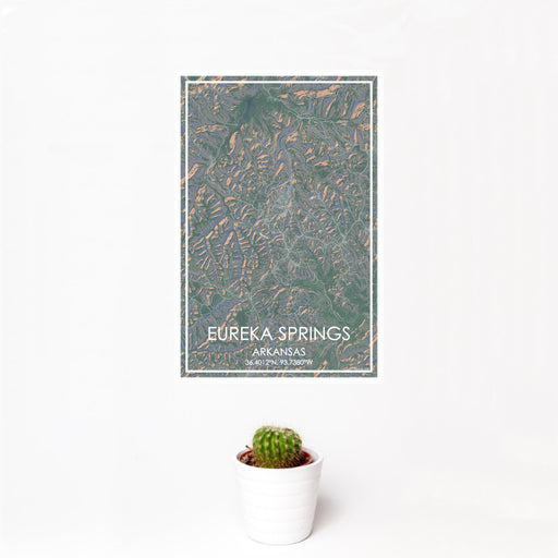 12x18 Eureka Springs Arkansas Map Print Portrait Orientation in Afternoon Style With Small Cactus Plant in White Planter