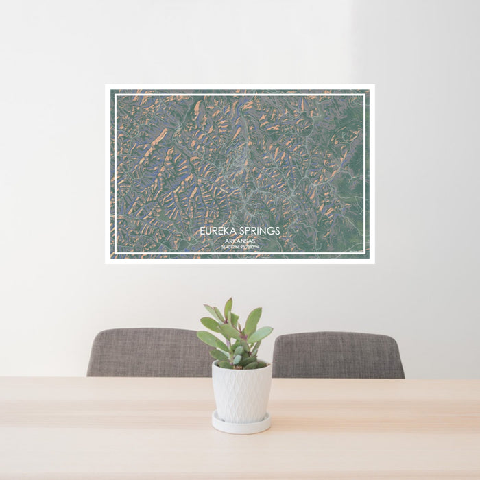 24x36 Eureka Springs Arkansas Map Print Lanscape Orientation in Afternoon Style Behind 2 Chairs Table and Potted Plant