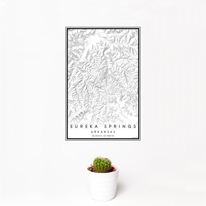 12x18 Eureka Springs Arkansas Map Print Portrait Orientation in Classic Style With Small Cactus Plant in White Planter