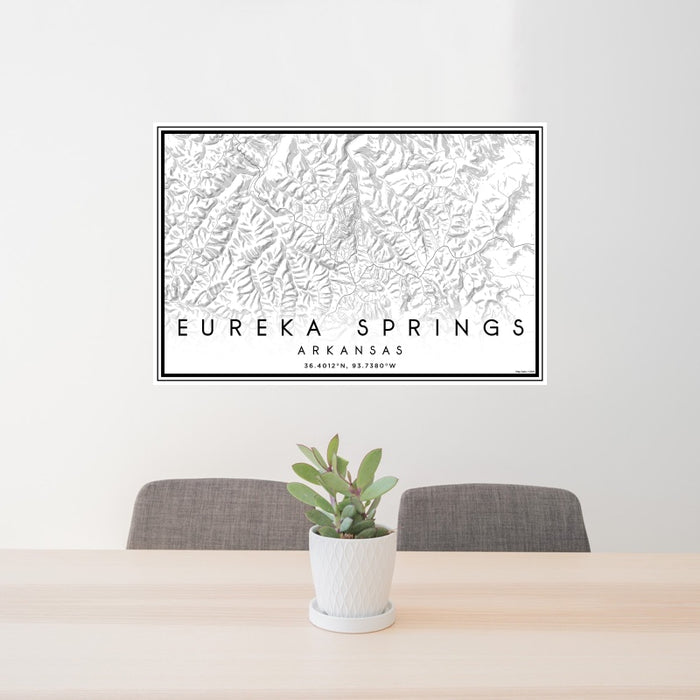 24x36 Eureka Springs Arkansas Map Print Landscape Orientation in Classic Style Behind 2 Chairs Table and Potted Plant