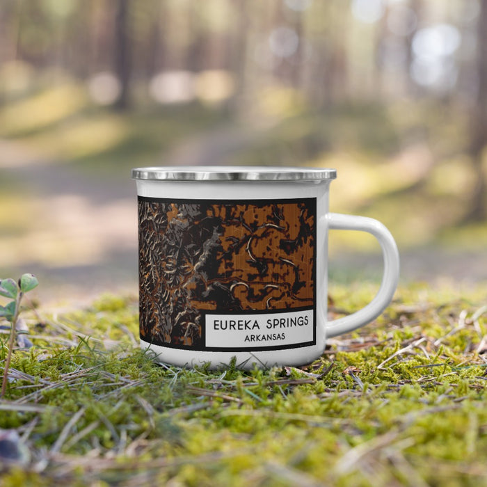 Right View Custom Eureka Springs Arkansas Map Enamel Mug in Ember on Grass With Trees in Background