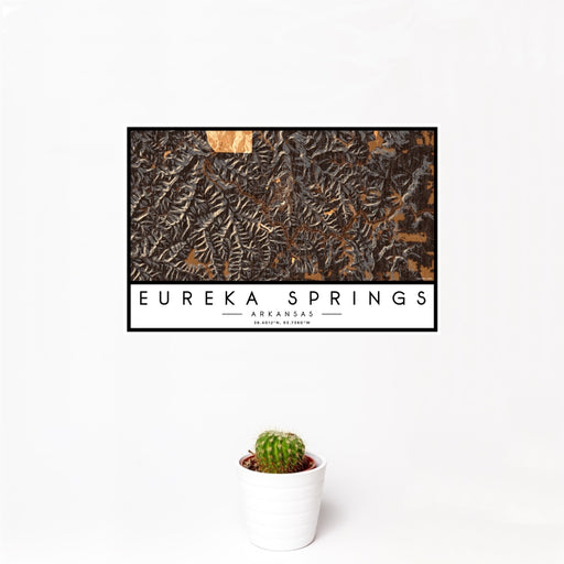 12x18 Eureka Springs Arkansas Map Print Landscape Orientation in Ember Style With Small Cactus Plant in White Planter