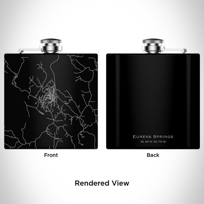 Rendered View of Eureka Springs Arkansas Map Engraving on 6oz Stainless Steel Flask in Black