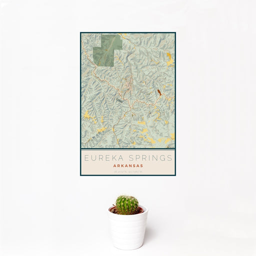 12x18 Eureka Springs Arkansas Map Print Portrait Orientation in Woodblock Style With Small Cactus Plant in White Planter