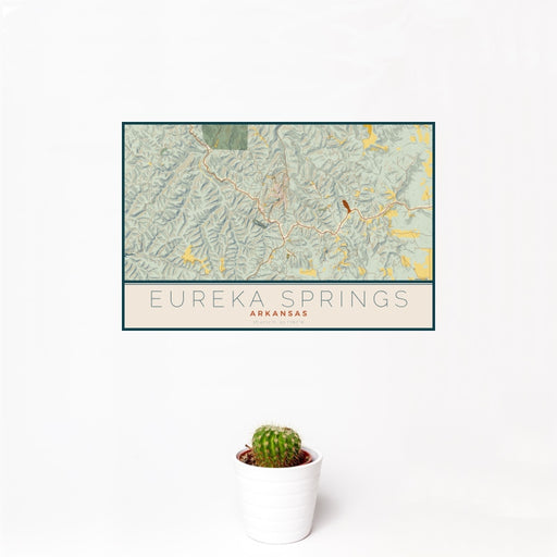 12x18 Eureka Springs Arkansas Map Print Landscape Orientation in Woodblock Style With Small Cactus Plant in White Planter