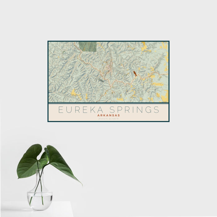 16x24 Eureka Springs Arkansas Map Print Landscape Orientation in Woodblock Style With Tropical Plant Leaves in Water