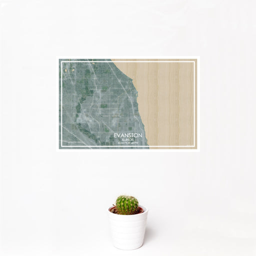 12x18 Evanston Illinois Map Print Landscape Orientation in Afternoon Style With Small Cactus Plant in White Planter