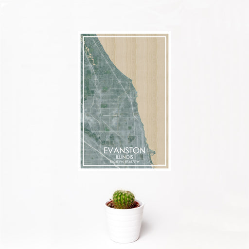 12x18 Evanston Illinois Map Print Portrait Orientation in Afternoon Style With Small Cactus Plant in White Planter