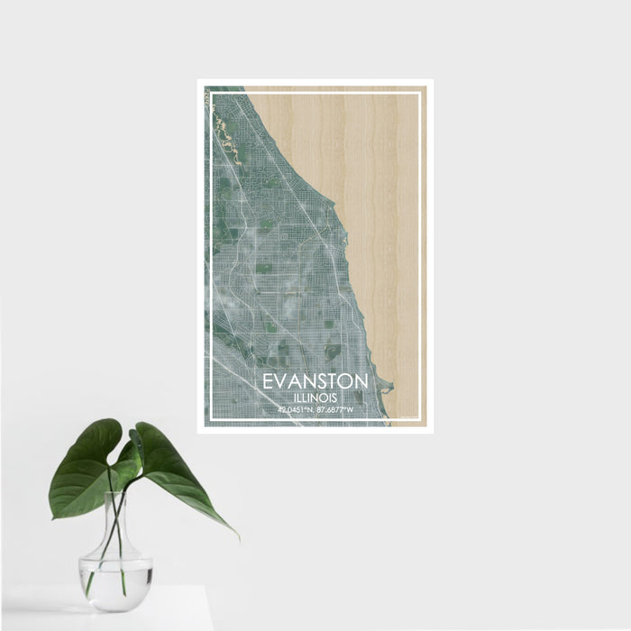 16x24 Evanston Illinois Map Print Portrait Orientation in Afternoon Style With Tropical Plant Leaves in Water