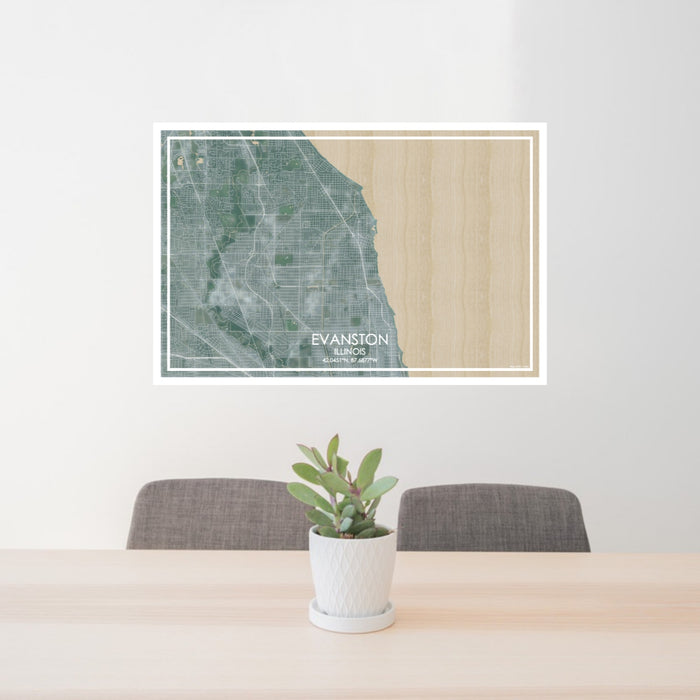 24x36 Evanston Illinois Map Print Lanscape Orientation in Afternoon Style Behind 2 Chairs Table and Potted Plant