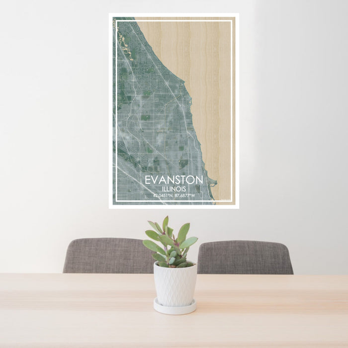 24x36 Evanston Illinois Map Print Portrait Orientation in Afternoon Style Behind 2 Chairs Table and Potted Plant