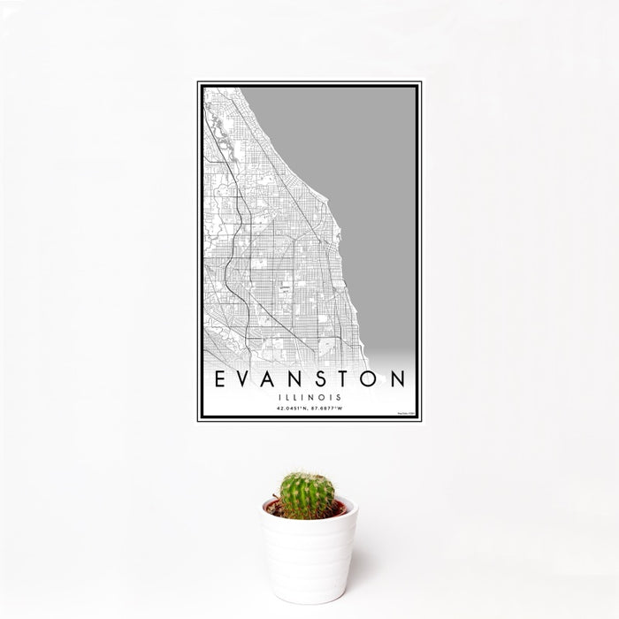 12x18 Evanston Illinois Map Print Portrait Orientation in Classic Style With Small Cactus Plant in White Planter