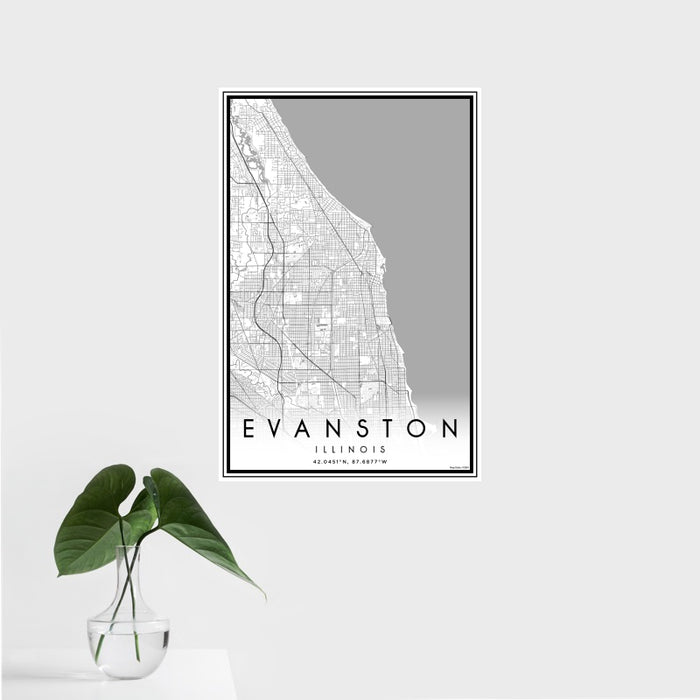 16x24 Evanston Illinois Map Print Portrait Orientation in Classic Style With Tropical Plant Leaves in Water