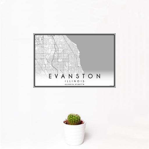 12x18 Evanston Illinois Map Print Landscape Orientation in Classic Style With Small Cactus Plant in White Planter