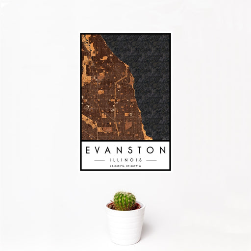 12x18 Evanston Illinois Map Print Portrait Orientation in Ember Style With Small Cactus Plant in White Planter